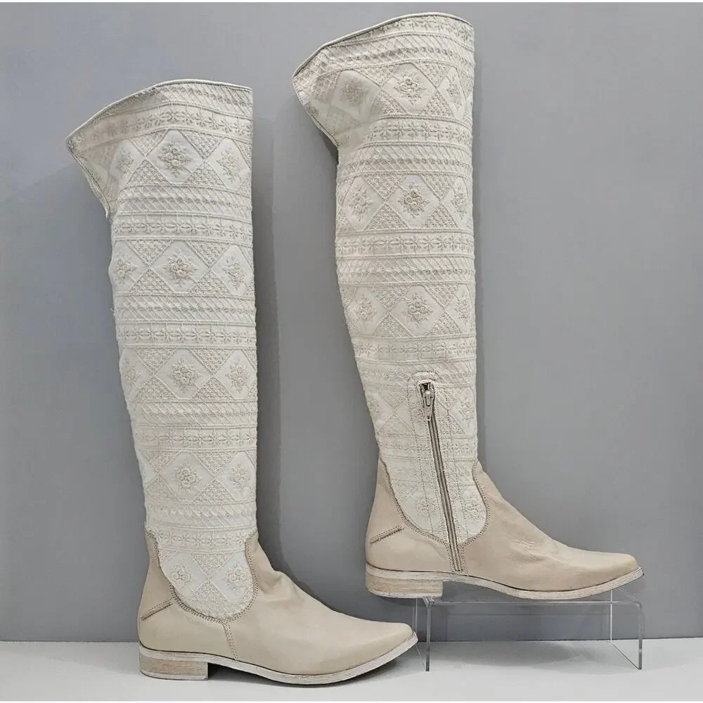 Free People Bren Knee High Boot Womens EU 38 Cream Embroidered Boho Slouchy NEW